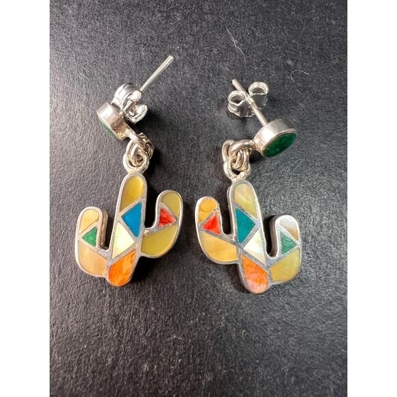 NEW Sterling Silver Peruvian Art Mosaic Cactus Earrings – Multi-Gemstone Inlay - Picture 1 of 12